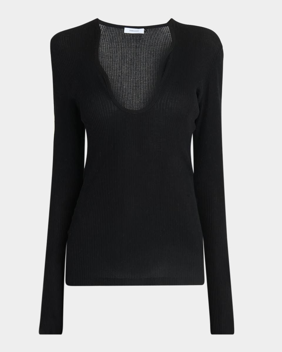 Wavy Scoop-Neck Long-Sleeve Top